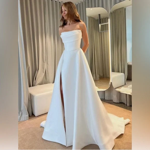 White Modern Wedding Dress Gown Satin Simple A line corset size 4 6 8 10 - Picture 3 of 8